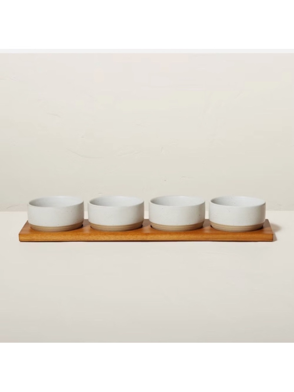 Hearth & Hand Magnolia Wood Paddle Serving Board w/ 4 Speckled Stoneware Bowls
